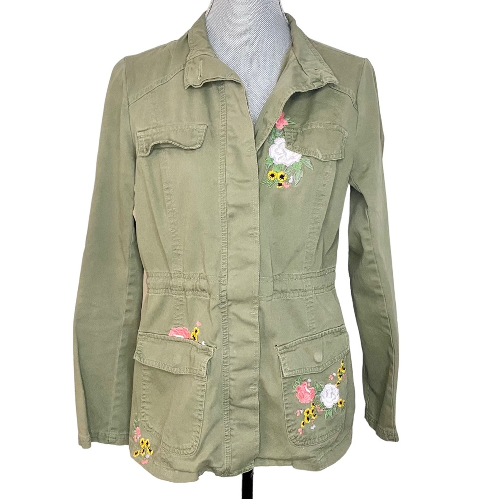 Khaki Jacket with Embroidered Flowers